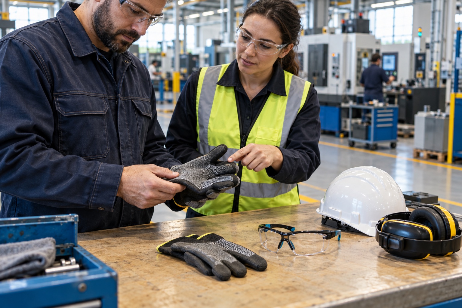 A supervisor and a worker inspecting a pair of cut-resistant gloves at a workbench with safety glasses, a hard hat and earmuffs laid out