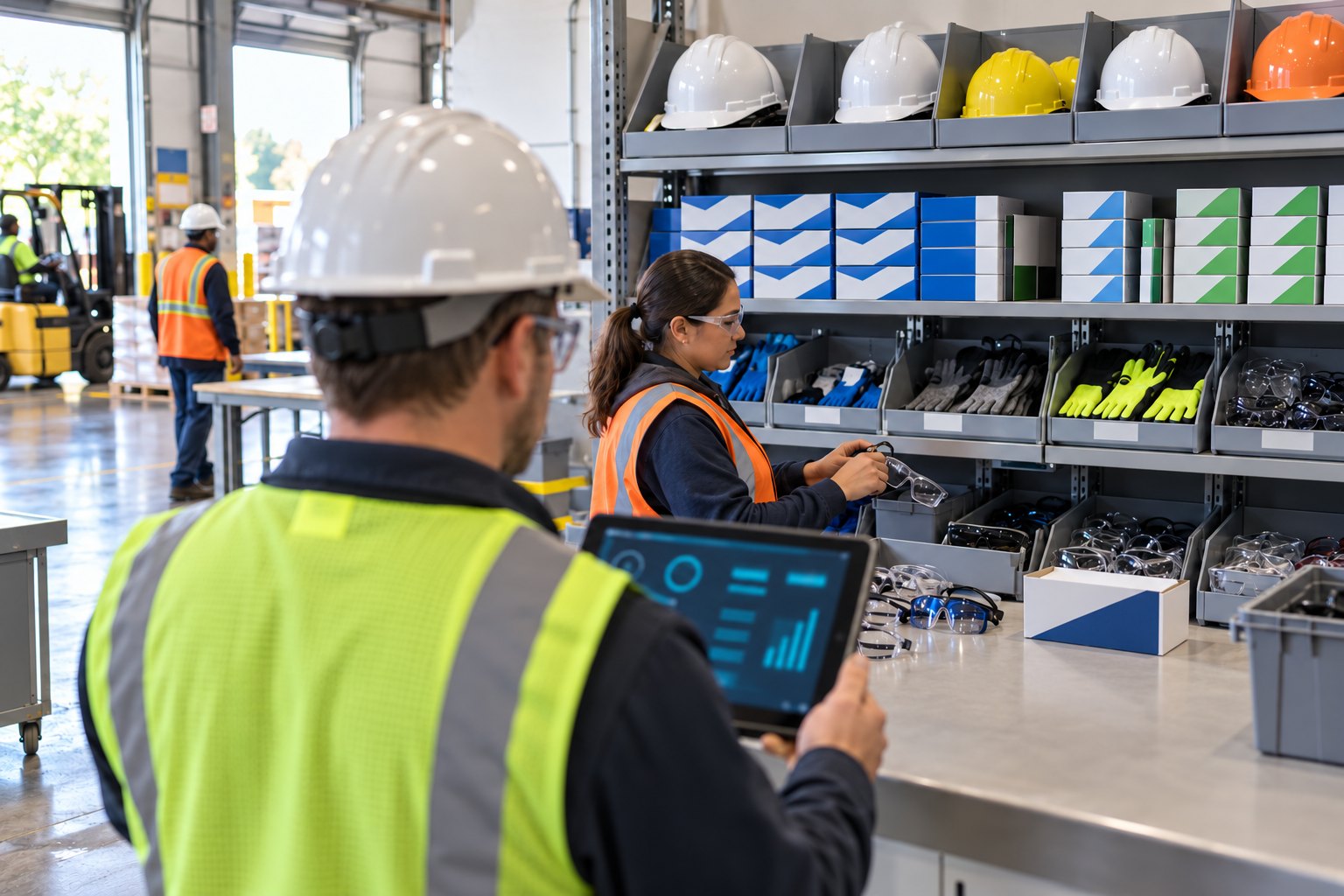 A safety lead using X3 PPE on a tablet at a plant PPE issue counter