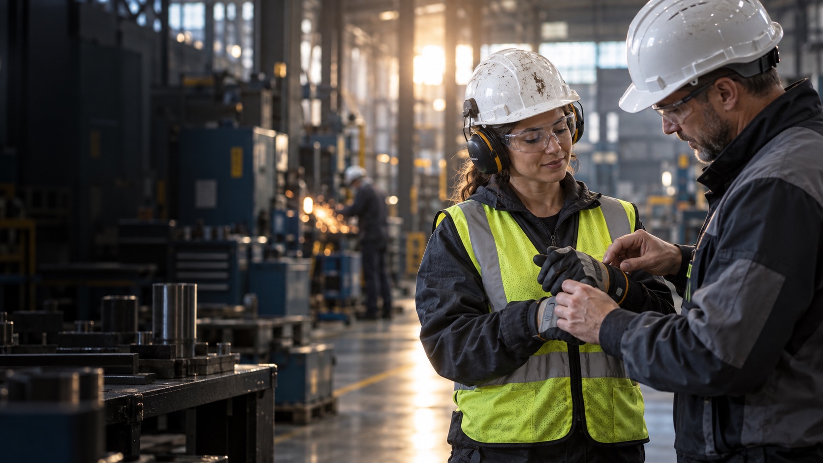 A supervisor helping a worker in a hard hat and hearing protection check the fit of a glove on a plant floor