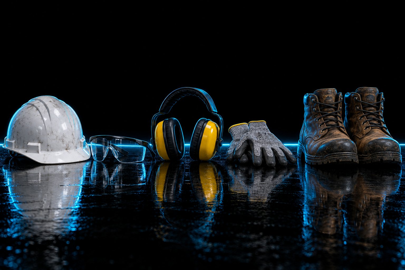 A full set of protective gear laid out in a neat line on the black floor: a white hard hat, a pair of clear safety glasses, yellow-and-black earmuffs, a pair of gray cut-resistant gloves and a pair of worn leather steel-toe work b
