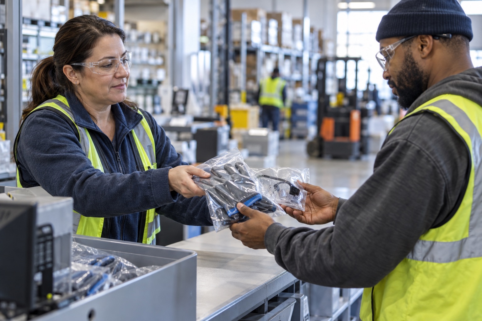 A stockroom lead handing new sealed safety glasses and gloves to a worker across a counter