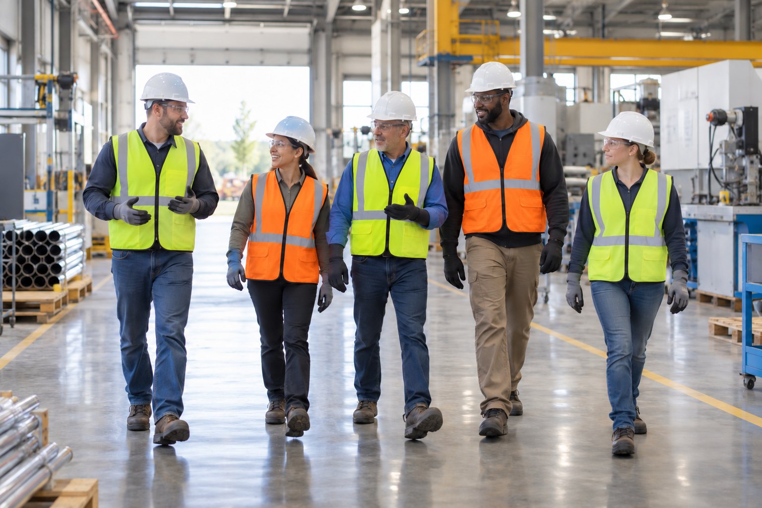 A crew of five workers walking out onto a bright plant floor at the start of a shift, every one wearing a hard hat, safety glasses, a vest and gloves that clearly fit