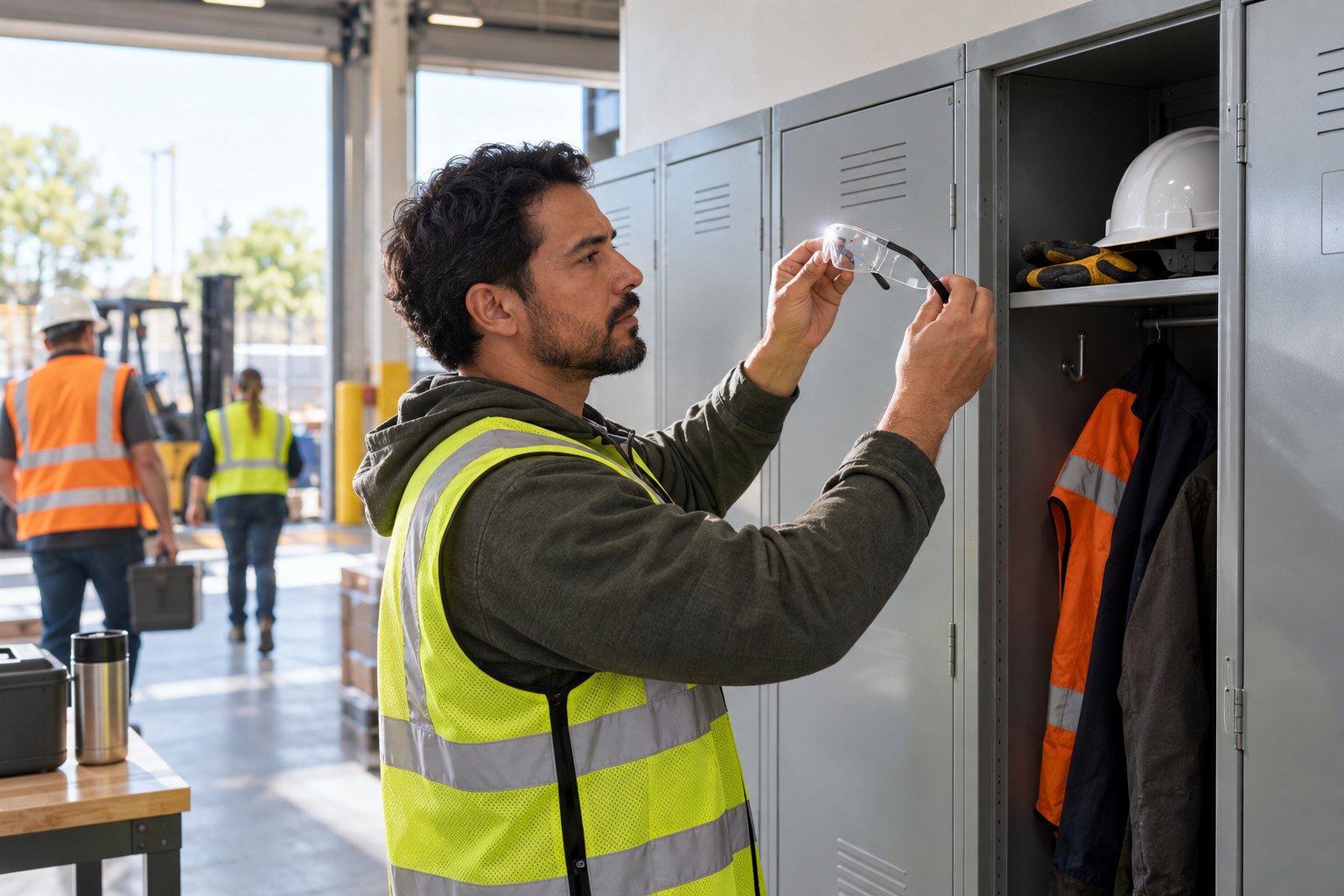 A worker standing at an open locker at the start of a shift, holding a pair of safety glasses up to the light and checking the lenses for scratches