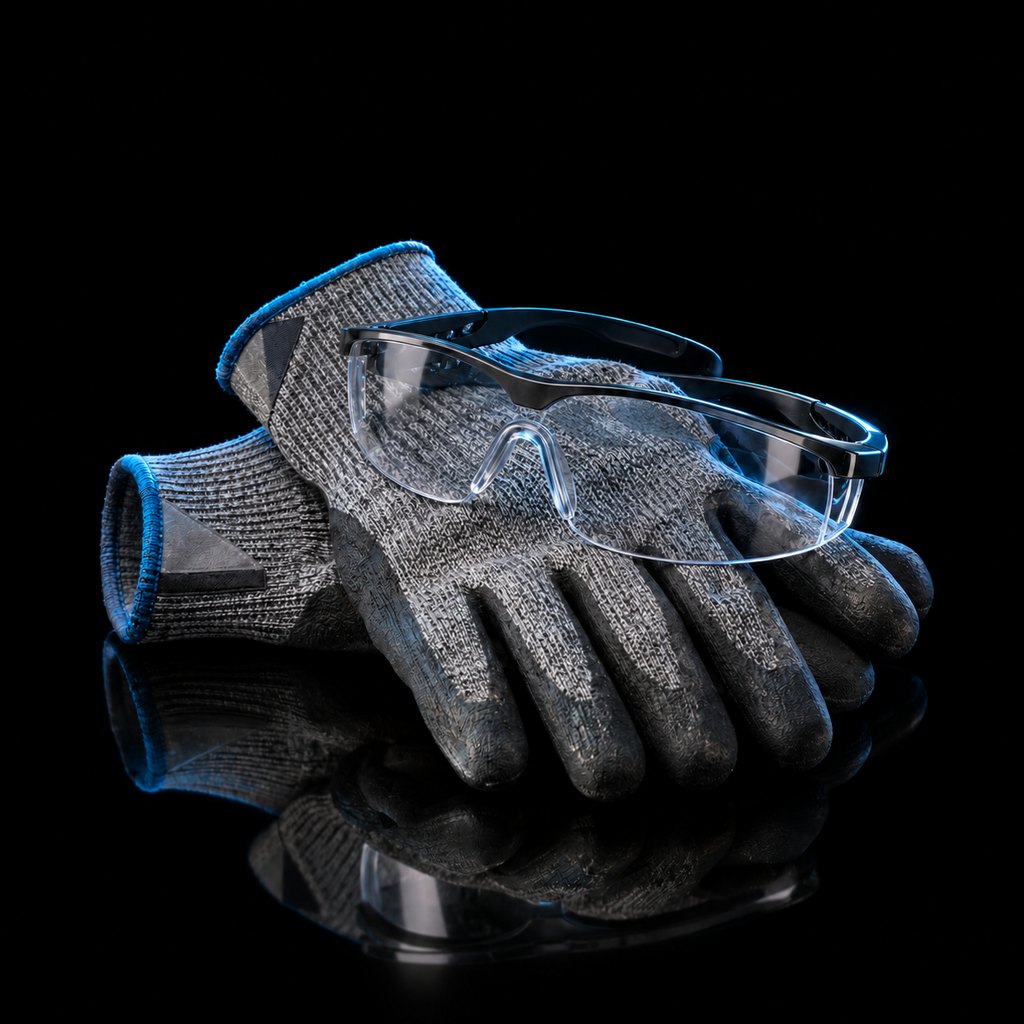 A pair of gray cut-resistant work gloves, one laid across the other, with a pair of clear safety glasses resting on top